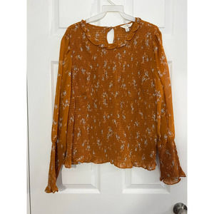 Terra & Sky Mustard Scoop Neck Ruched Floral Pullover Long Sleeve Blouse sz 1X